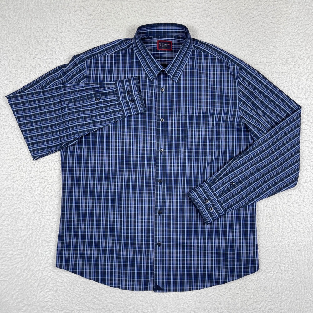 UNTUCKit Button Down Shirt Mens XL Blue Plaid Wrinkle Free Cotton Casual L/S